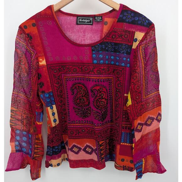 Vintage 90s Boho Nostalgia Pink Red Vibrant Abstract Long Sleeve Patchwork Top - Picture 1 of 3